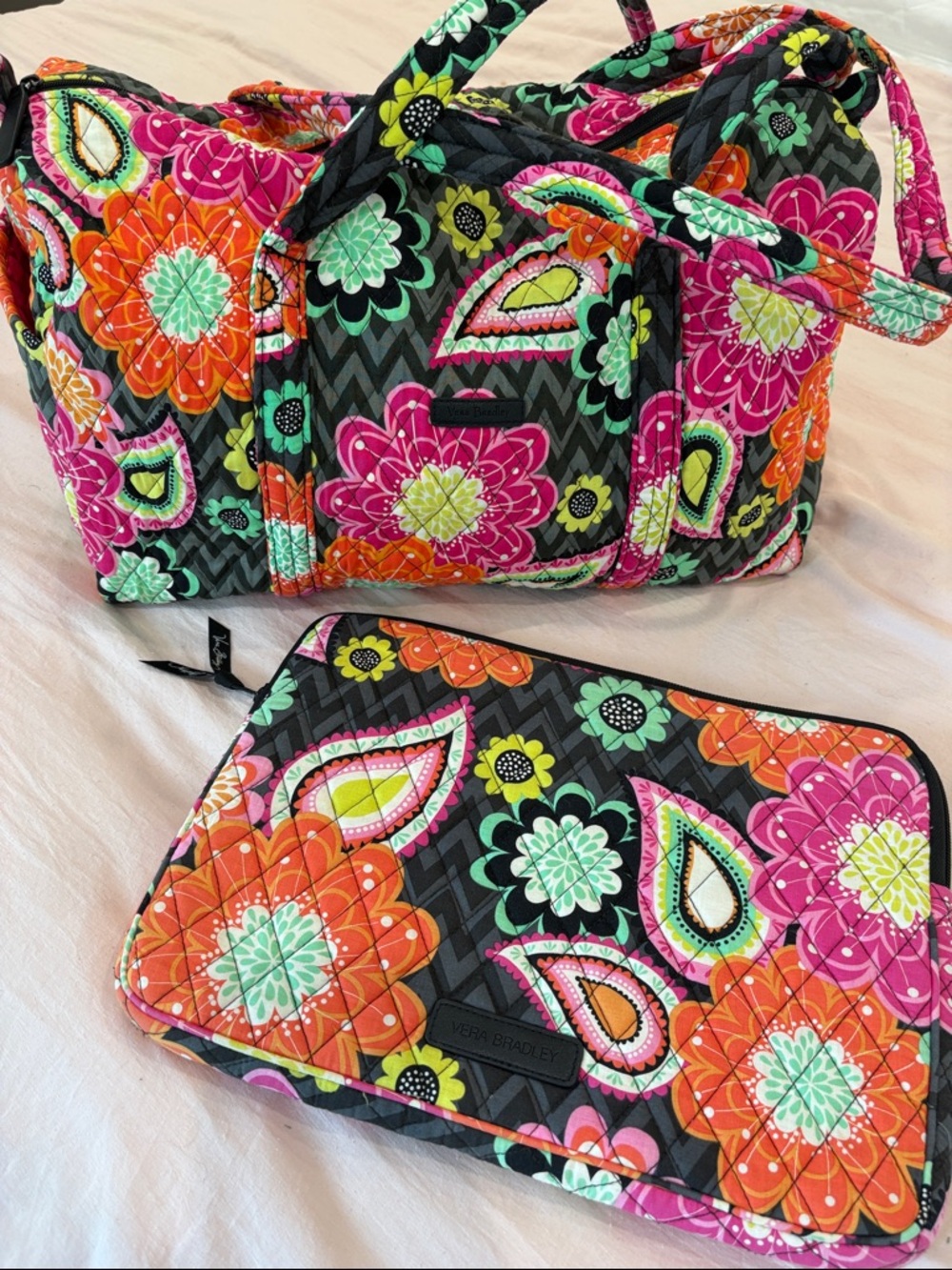 Vera Bradley Black Organe Pink Medium Travel Tote with Matching Laptop Case